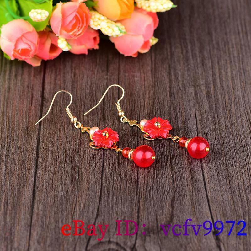 Red Jade Flower Earrings 925 Silver Jewelry Drop Fashion Amulet Natural