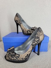 Stuart Weitzman 8 M Black Lace Satin Peep Toe Bow Pumps Dress Heels With Box
