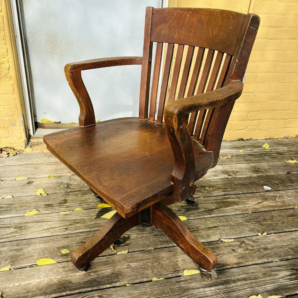 Antique Wood Bankers Office Swivel Desk Arm Chair Taylor Chair Co. Bedford Ohio - Image 2 of 4