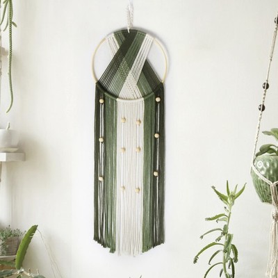Boho Macrame Wall Hanging - Green and Beige Handmade Cotton Woven Decor, Mode...