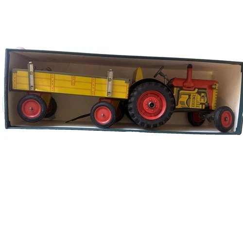 Vintage Schylling Tractor and Trailer Wind-up Tin Toy With BOX!! Vintage
