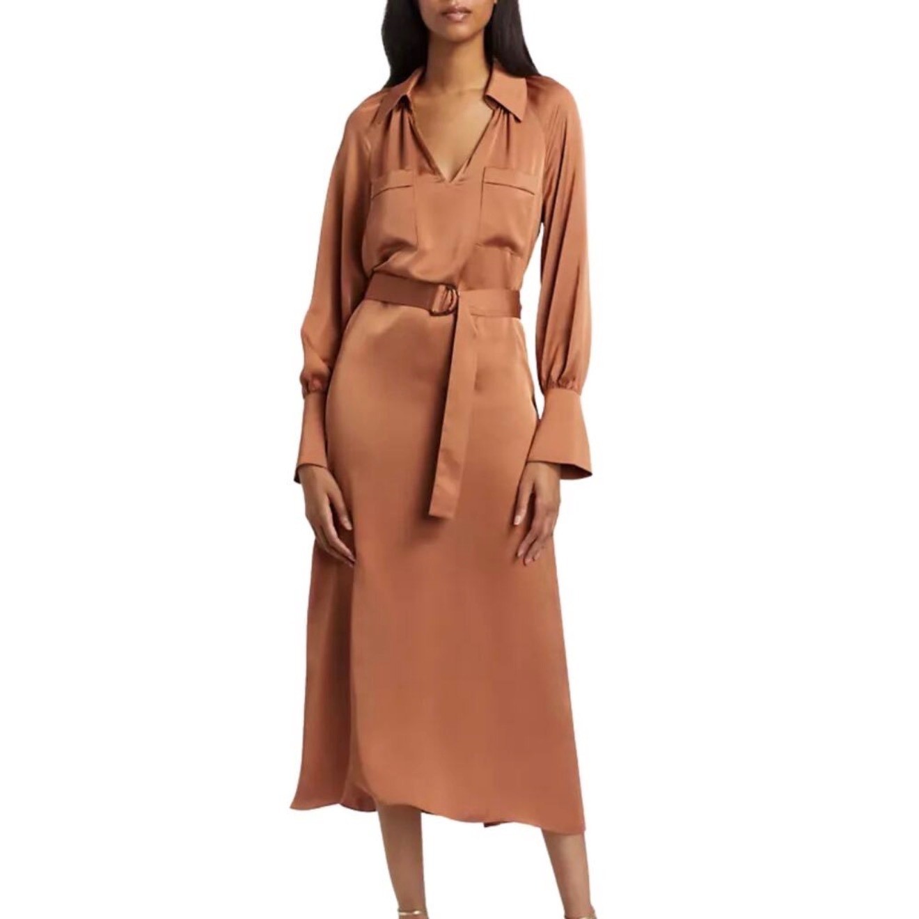 Ramy Brook Cecilia Belted Satin Midi Dress Saddle XS NWT