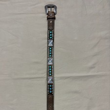 Nocona Girls Brown and Turquoise Rhinestone Western Leather Kids Belt Size 20