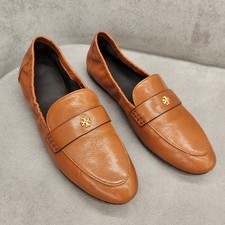 Tory Burch Ballet Loafers 8 Brown Cognac Leather Glossy Flats Logo Old Money