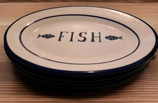 SET OF 4 Over and Back Blue & White  11.5” OVAL FISH DISHES Crate & Barrel Italy