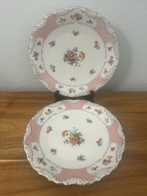 Schumann Bavaria Germany Porcelain Floral Dinner Plates Set of 2 Pink Rim