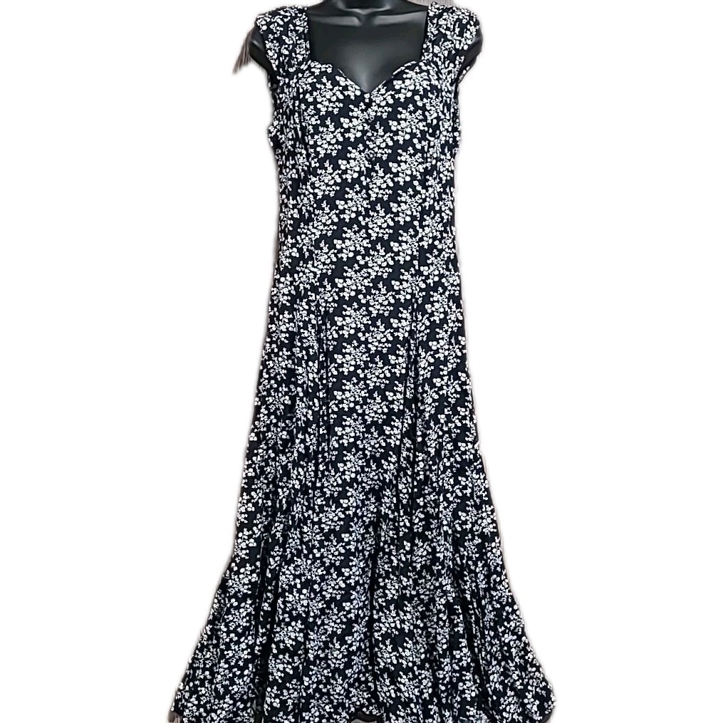 Vintage Roberta Fit & Flare Maxi Dress Size 7/8 Black & White Floral  Sweetheart | eBay