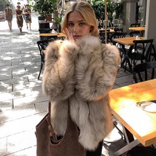 Women's Fox Fur Coat Stand Collar Short Furry Coat Warm Long Sleeve Party Jacket