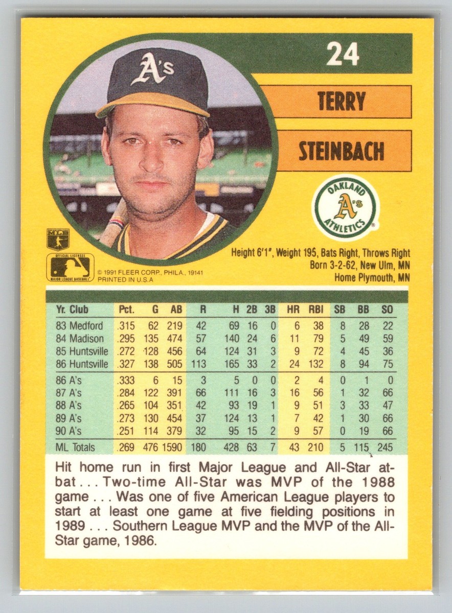 1991 Fleer Terry Steinbach #24 Oakland Athletics Baseball Card