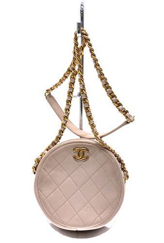 CHANEL Matelasse Round Quilted Chain Shoulder Bag Pink Leather CC Logo Authentic