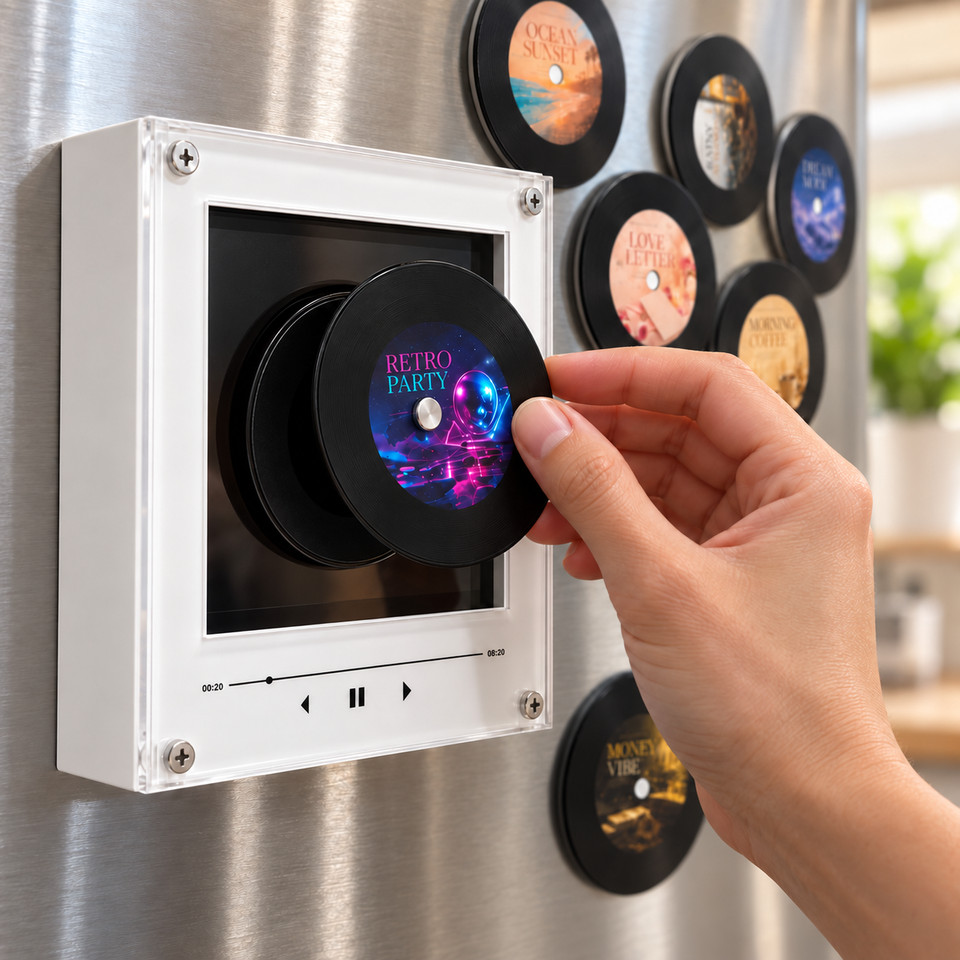 Mini Vinyl Record Player Fridge Magnet 9 NFC Discs 128MB Rotating LED Music Box
