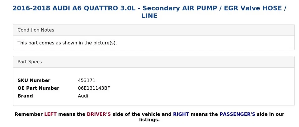 2016-2018 AUDI A6 QUATTRO 3.0L - Secondary AIR PUMP / EGR Valve HOSE / LINE - Image 4 of 4