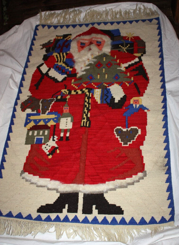 Antique Baba Noel  Furry Beard Santa Claus Turkish Kilim Christmas Wall Tapestry