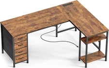 55 Inch L Shaped Desk with Fabric Drawers, Reversible Computer Gaming Desk with