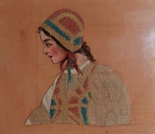 Antico dipinto  ricamo e tempera su tela  Costume di Desulo Sardegna  Raro