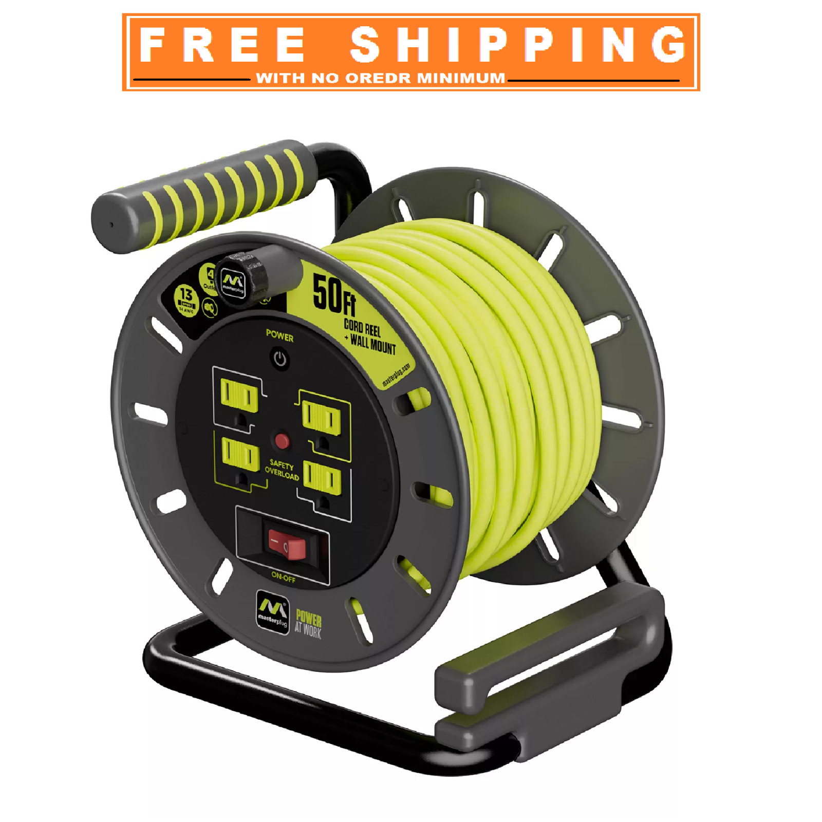 Masterplug 50ft 4 Socket Extension Cord Reel With Wall Mount 13A