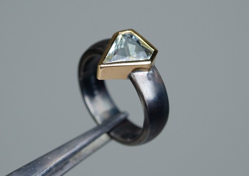 585 Oro / 925 Argento, Ossidati - Vintage Anello Design - Naturale Acquamarina - Foto 5 di 8