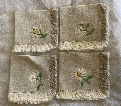 Vintage Unused Haitian Linen Hand Embroidered Flowers Napkins Set/4 - Picture 1 of 5
