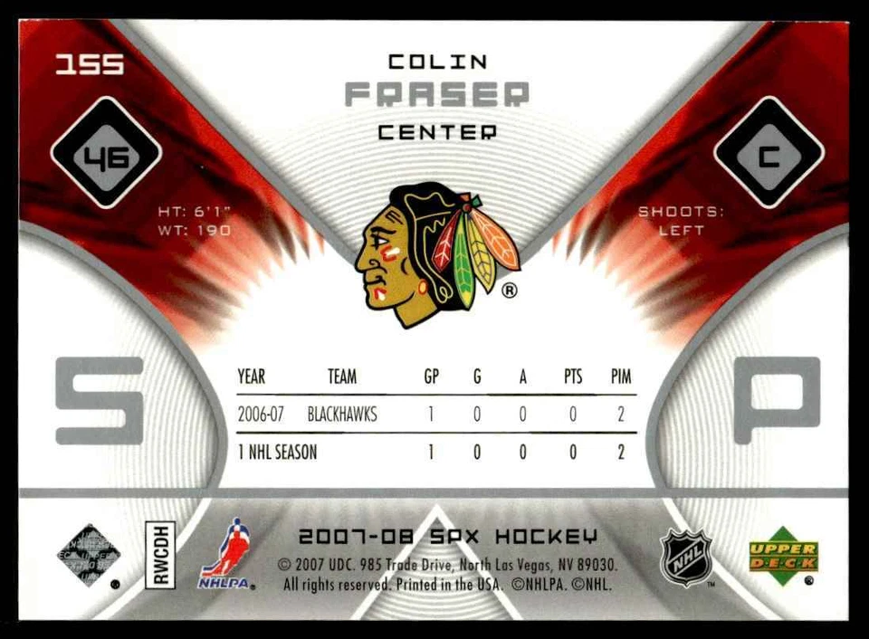 2007-08 SPx ROOKIE RC Colin Fraser Rookie /999 Chicago Blackhawks #155 R121 - Image 2 of 2