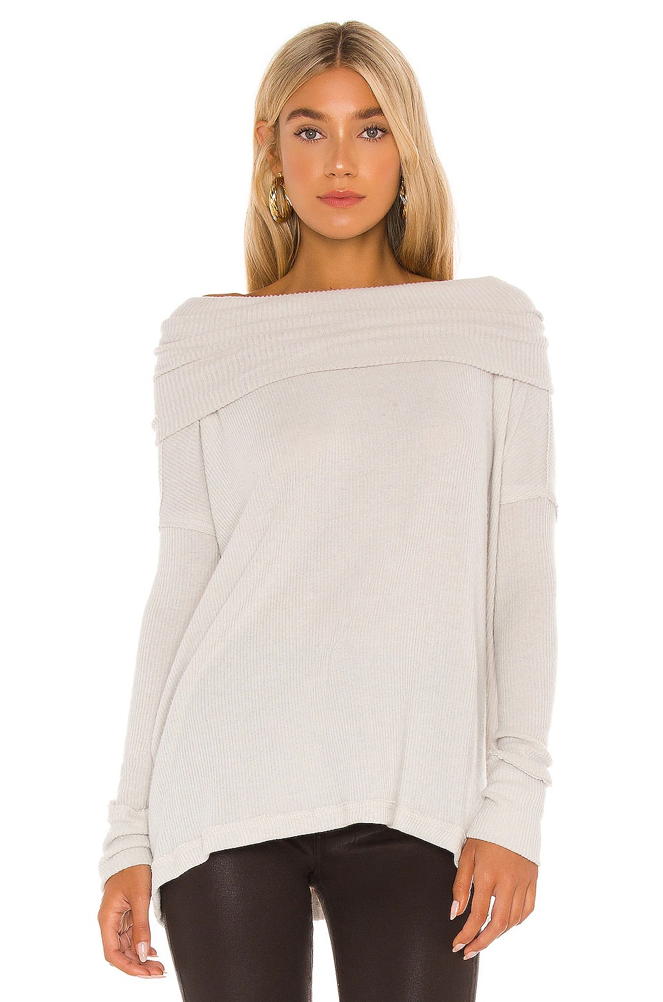 Free People Gray Opal Juicy Longsleeve Cowl Neck Waffle Knit Sweater Size Medium