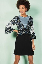Next Black Ditsy Floral Stripe Preppy Skater Tea Dress Size 14 fits 16-18 NWT£46