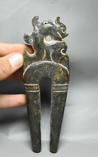 16CM Old China Hongshan Culture Old Jade Carve Dragon Beast Fork Ground Plug