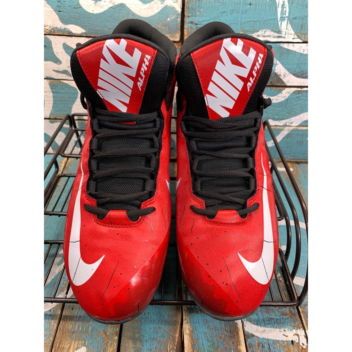 NIKE ALPHA SHARK MEN\'S Size 14 FOOTBALL CLEATS 719952-610 Red Black White EUC Nike Alpha Shark Men main image 2