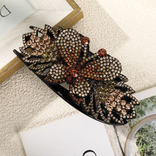 Double Flower Butterfly Hair Claws - Rhinestone Crystal Women Headwear Accessory - Picture 16 of 53
