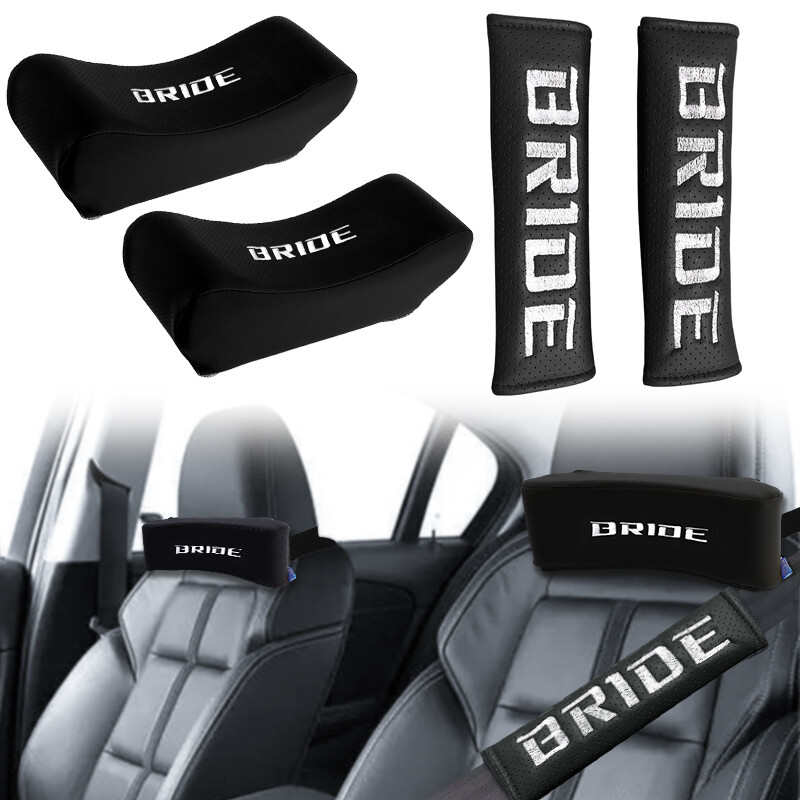 4Pcs JDM BRIDE Red Leather Car Headrest Pillow Shoulder Pads Seat
