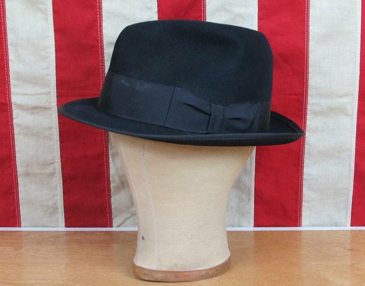 Vintage 1960s Mallory Fifth Avenue Black Wool Felt Fedora Hat Size