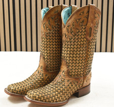 Corral Ladies Sand Glitter Woven Overlay Sq. Toe Leather Boots A4525 US 7.5 M