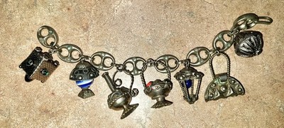 Vintage, Etruscan Revival 800 Silver Italian Gypsy Charm Bracelet  8 