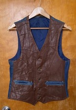 Vintage 70s Patchwork Leather Denim Vest Western Arrow Pockets Rodeo Sz S/M Rock