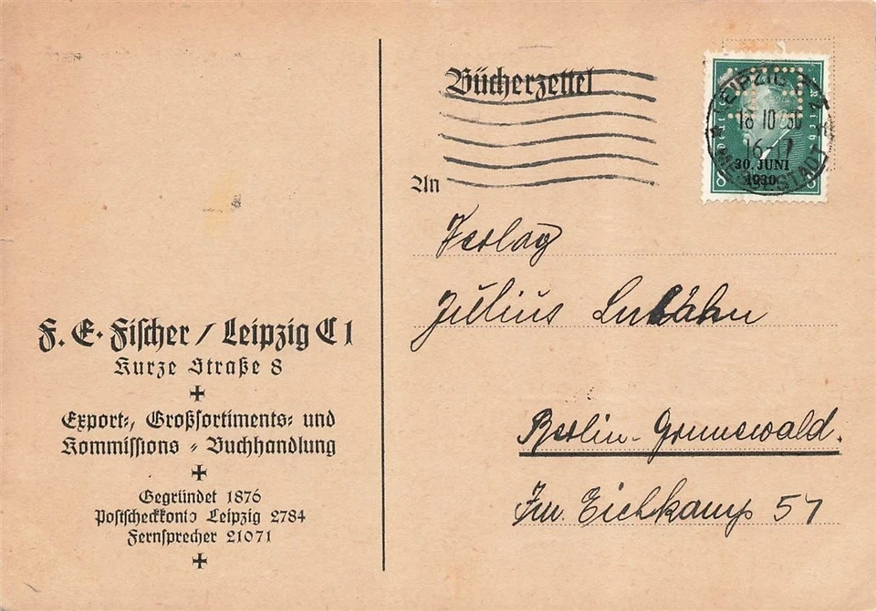 107782) DR Blg mit Perfin / Firmenlochung EF aus Leipzig, F. E. Fischer - Bild 1 von 1