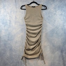 Lulus Womens Ribbed Knit Ruched Side Drawstring Sleeveless Mini Dress Beige Smal