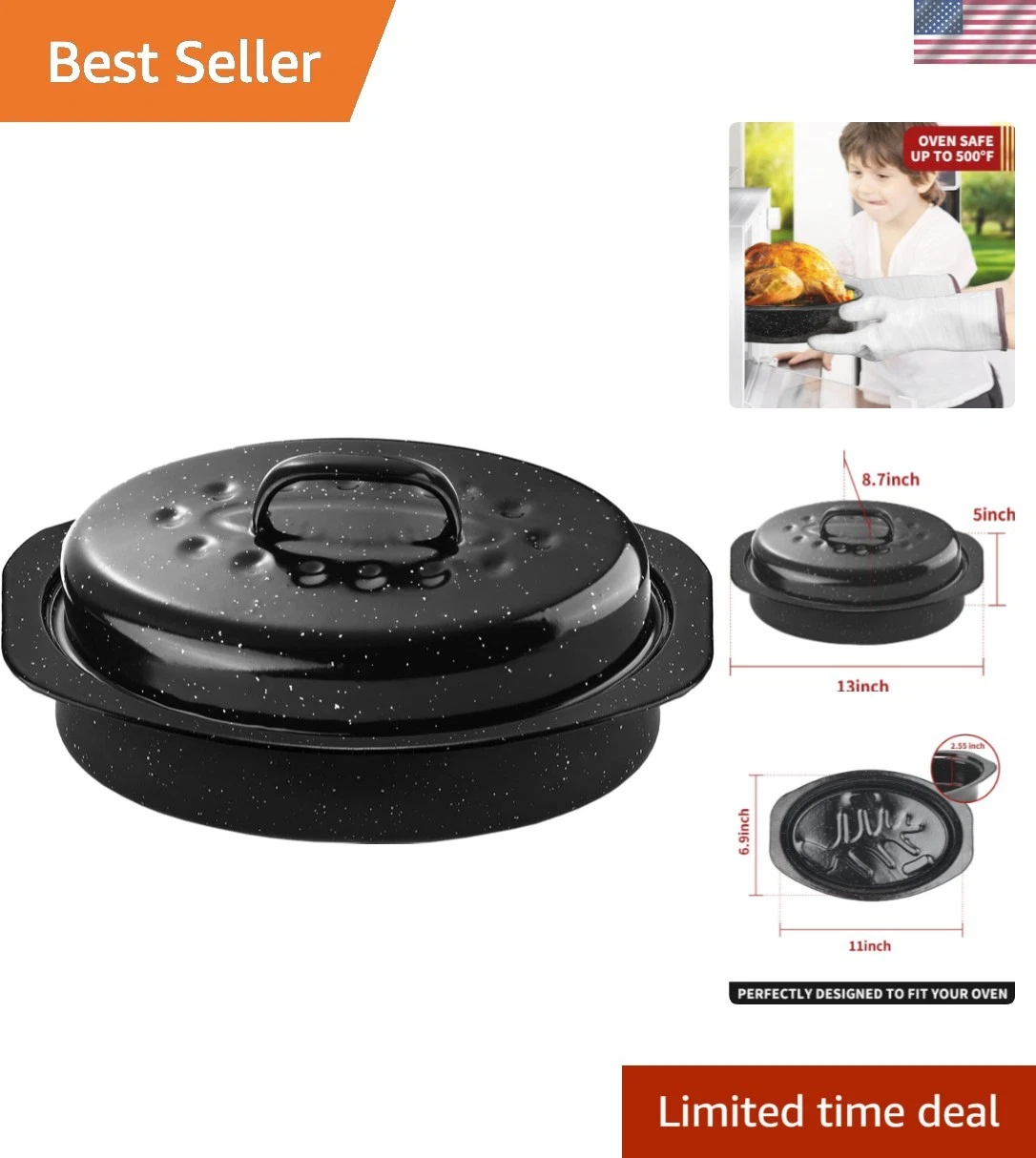 Compact 13 In. Covered Roasting Pan for Family Gatherings - Stylish & Durable