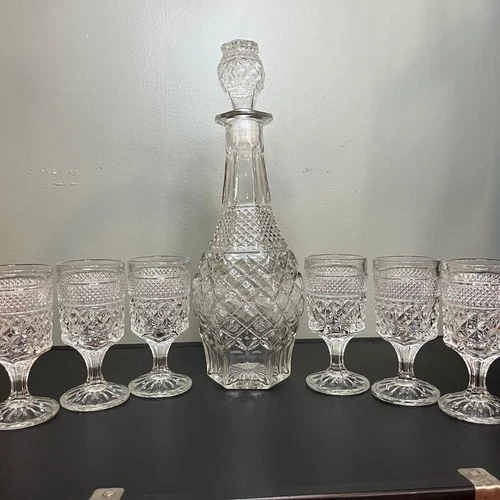 Vintage Anchor Hocking Wexford Decanter Set 6 Goblets Lead Free Glassware