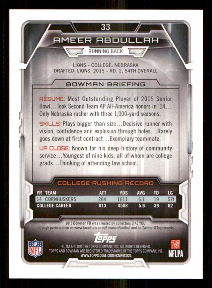 2015 Bowman #R33 Ameer Abdullah RC - Image 2 of 2