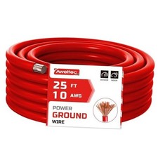 Wire, 25 Feet Power Ground Cable, Primary Automotive Wire, Copper 10 Gauge Red