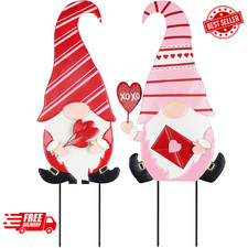 Valentine's Day Outdoor Decorations, 2 Metal Gnome Garden Stakes with XOXO Sign