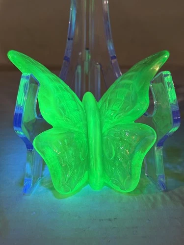 1983 Fenton FAGCA Vaseline Green Opalescent Glass Butterfly