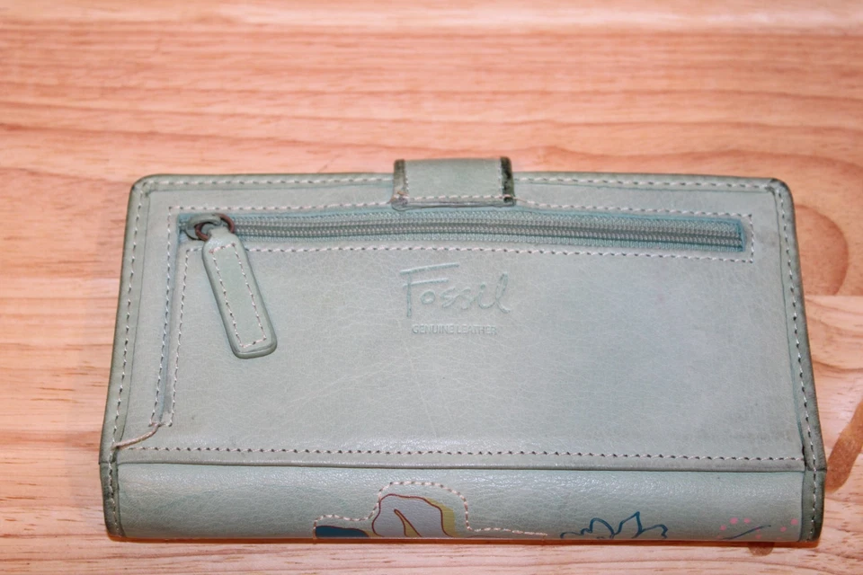 Cartera sin asas de cuero plegable boho multicolor verde azulado FOSSIL escritura floral vintage Foto 2 de 4