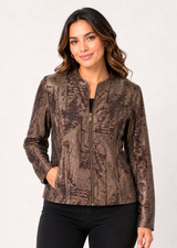 Chico's Women's Brown Shiny Snake Print Zip Up light Jacket Size 2 L 