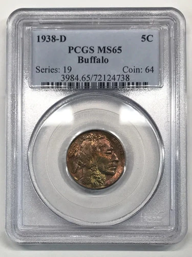 1938 D Buffalo Nickel PCGS MS-65 Rainbow Toning
