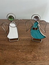 Pair Of Stained Glass Angel Figurines Free Standing