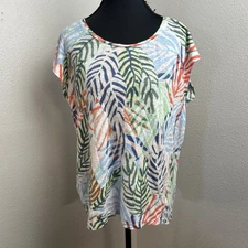 Tahari Boxy Top Women's Large Floral 100% Linen Button Back Beach Tropical Beach
