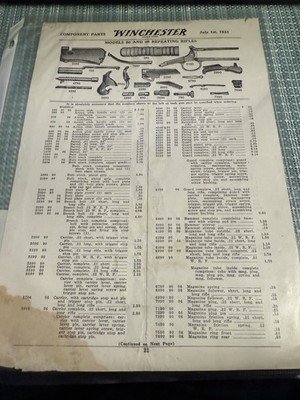 Winchester 1933 Component ONE PAGE FROM PARTS CATALOG
