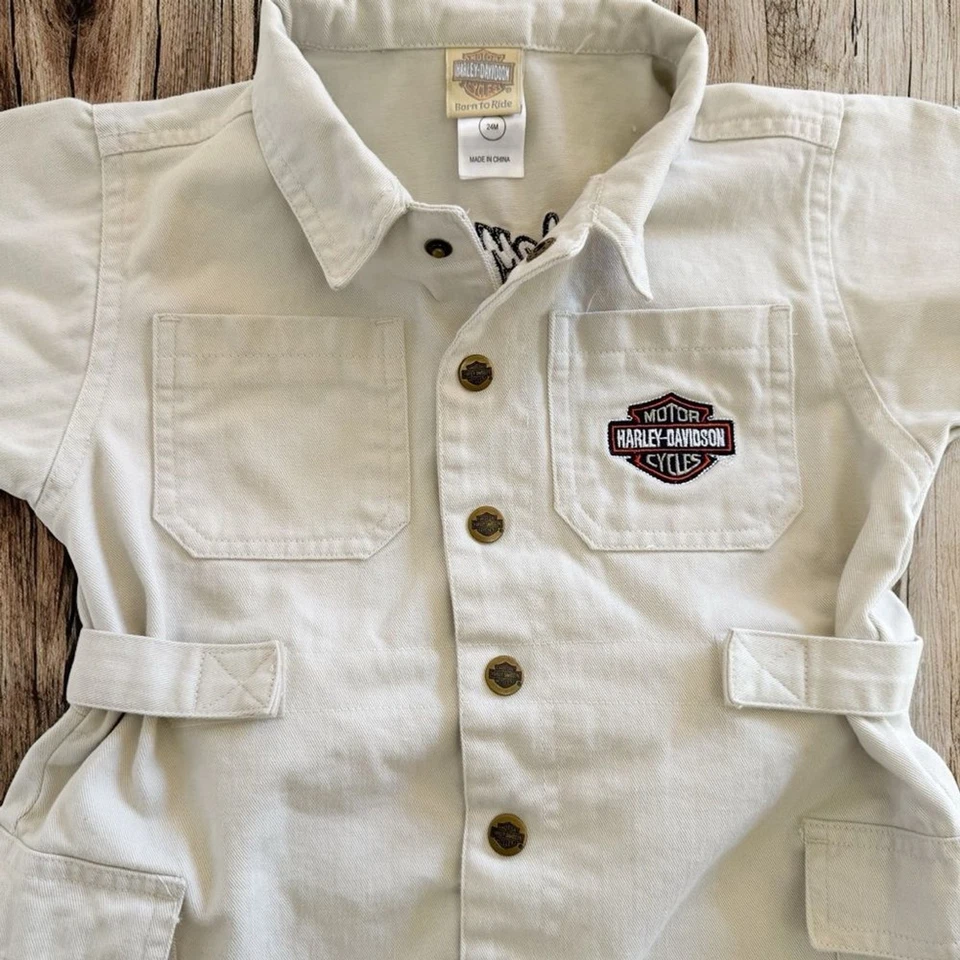 Harley-Davidson Baby 24M Romper Beige Coverall Mechanic Style Embroidered Logo - Image 4 of 4