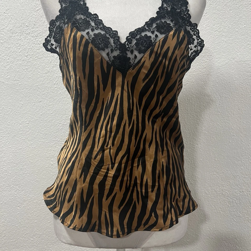 Vintage silk Leopard Print Lace Trim Silk Cami Top Small Silkscreen Sleeveless M - Image 2 of 4