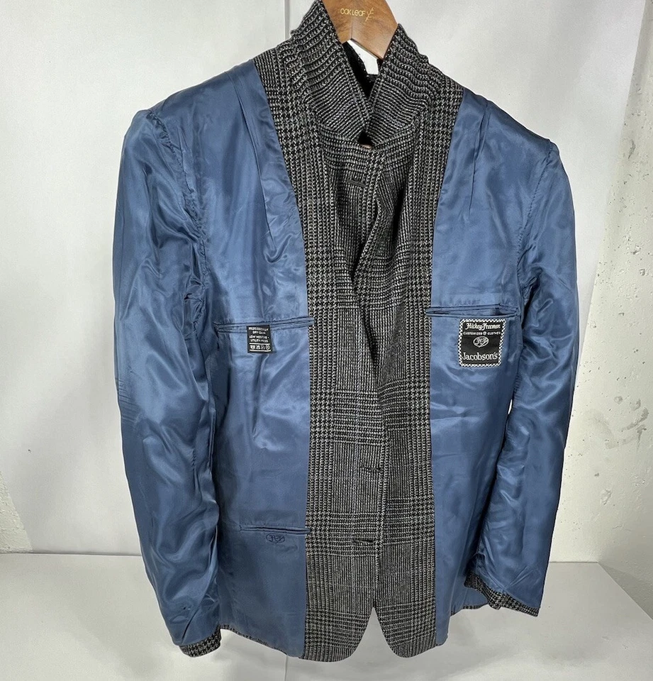 Vintage Hickey Freeman Blazer 40 Wool Men Windpowpane Plaid Houndstooth Blue - Image 2 of 4